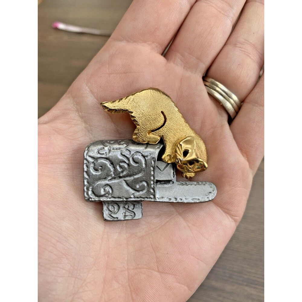 Vintage Ultra Craft Cat Mailbox Brooch Two Tone Figural Novelty Signed